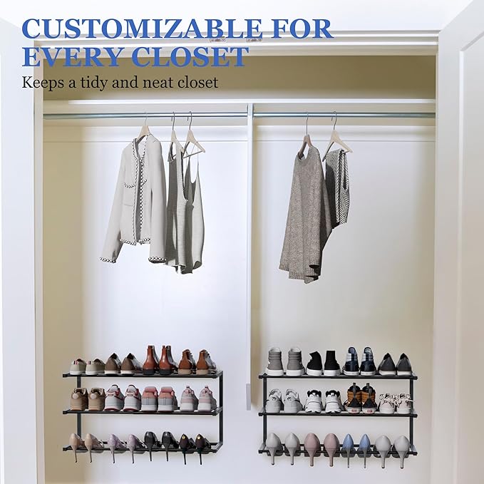 3 Pack Wall Mounted Shoe Rack, 3 Tier Hanging Shoe Rack Holds 36 Pairs, 17"-30"Adjustable Heavy Duty Metal Shoe Organizer Holder with 6 Storage Hooks, Space Saving for Closet Entryway Doorway（Black)