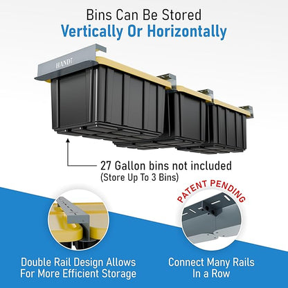 USA Based Overhead Garage Storage Rack, Connectable Heavy Duty Metal Ceiling Rails Garage Storage Organization Shelving System, Hanging Racks Tote Containers, Supports Up To 3 Bins, 2 Sets Gray