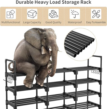 Tall Shoe Rack Organizer 9 Tiers 50-55 Pairs Large Shoe Rack for Closet Entryway Garage Big Shoe Storage with Side Hooks Black Metal Free Standing Shoe Racks Sturdy Shoe Shelf Tower