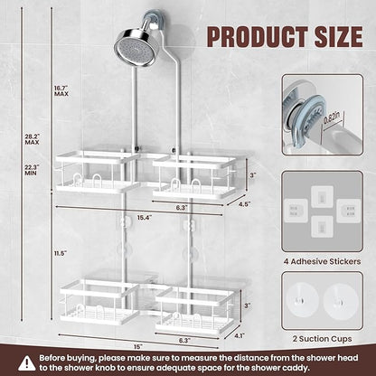REINHARDT Adjustable Shower Caddy Hanging Rustproof Shower Caddy for Handheld Showerheads, Shower Organizer with Hooks Soap Holder Toothbrush Holder, Anti-Swing Shower Rack Bathroom Accessories, White