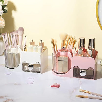 DASITON Makeup Organizer with Drawer, 360° Rotating Makeup Brush Holder, Makeup and Skincare Storage Box, Make Up Organizers for Vantiy, Desktop, Bathroom Countertop, Cosmetic Display Case (Pink)