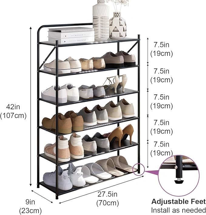6 Tier No-Assembly Shoe Rack, Foldable Shoes Rack Organizer Without Installation, Portable Solid Metal Shoe Shelves for Closet, Entryway, Front Door Entrance