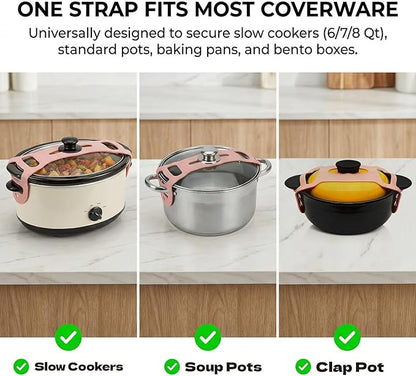 Silicone Lid Lock Strap for Crockpot Slow Cooker (6/7/8 Quart), Universal Rubber Lid Securing Strap for Soup Pots & Bento Box | Heat-Resistant, No-Spill Transport Accessories (4 Packs Pink)