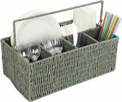Utensil Holder, Hand Woven Silverware Caddy, 5 Compartments Flatware Organizers, Paper Plate Dispenser with Handle, Kitchen Countertop Organizer for Spoons Forks Plates Napkins, Green