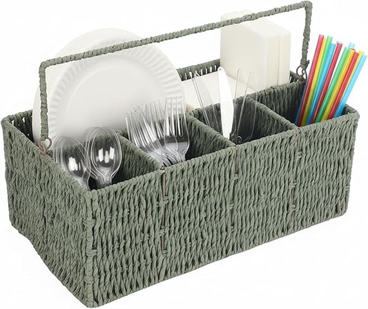Utensil Holder, Hand Woven Silverware Caddy, 5 Compartments Flatware Organizers, Paper Plate Dispenser with Handle, Kitchen Countertop Organizer for Spoons Forks Plates Napkins, Green