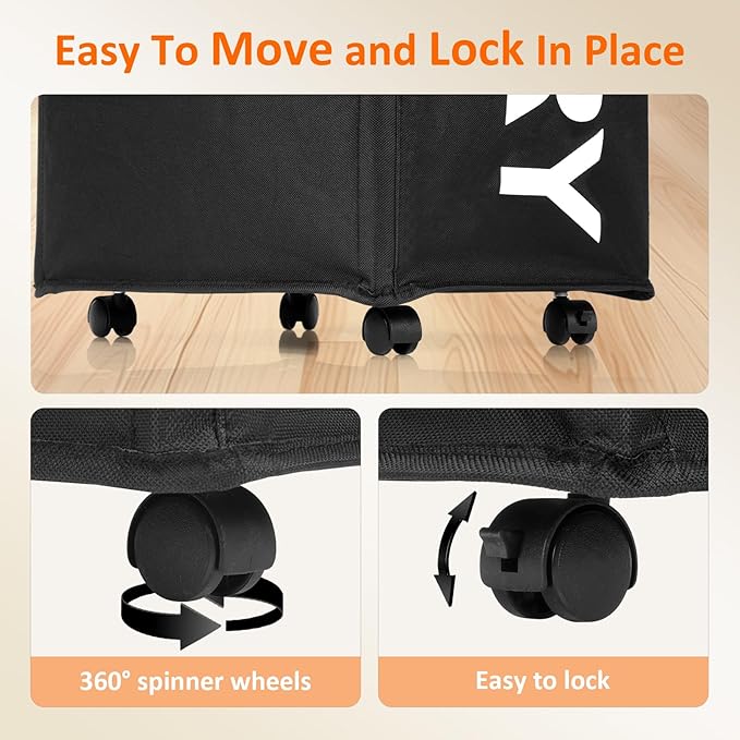 Optish Laundry Basket with Wheels, 90L Rolling Laundry Hamper with Wheels, Large Clothes Hamper on Wheel with Removable Mesh Bag for Bedroom, Dorm Room Essentials, Black
