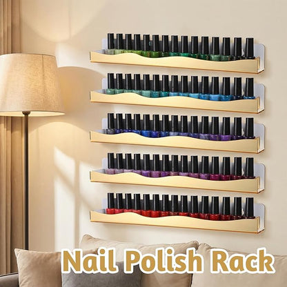 6 Pack Wall Mounted Nail Polish Organizer Rack, 15 Inch Gold Mirror Nail Polish Shelf with Stopper Multi-Purpose Shelf for Essential Oils Cosmetics Storage Display Rack for Salon Bathroom
