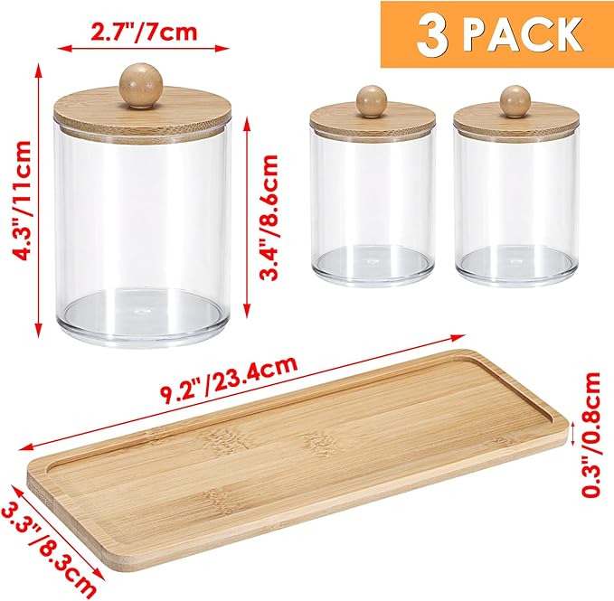 Qtip Holder with Vanity Tray Clear Cotton Ball Holder Cotton Swab Dispenser Bathroom Storage Canister with Lid Qtip Dispenser for Bathroom Office,3 Pcs
