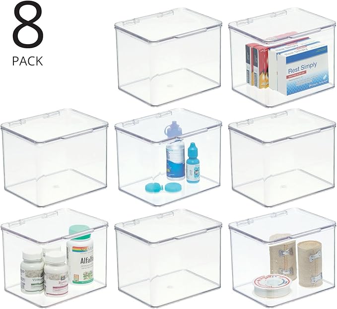 mDesign Plastic Bathroom Storage Organizer Box w/Hinge Lid for Closet, Shelf, Cupboard, Vanity, Hold Medicine, Lotion, Cotton Swabs, Masks, Styling Tools, Lumiere Collection, 8 Pack, Clear