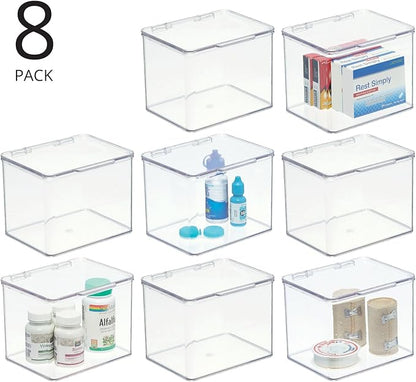 mDesign Plastic Bathroom Storage Organizer Box w/Hinge Lid for Closet, Shelf, Cupboard, Vanity, Hold Medicine, Lotion, Cotton Swabs, Masks, Styling Tools, Lumiere Collection, 8 Pack, Clear