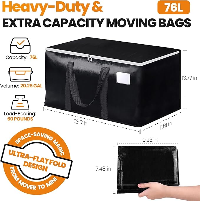 StoreHappily Heavy-Duty & Extra Capacity Moving Bags with Backpack Straps, Storage Totes with Double Zipper & Strong Handles, Packing Bags Alternative to Moving Boxes, Moving Supplies (8 Pack, Black)
