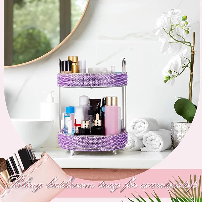 Honeydak 360 Rotating Perfume Organizer for Mother Day Nurse Day Rhinestone Bathroom Counter Organizer Makeup Holder Skincare and Perfume Storage for Cosmetic Countertop(2 Tiers,Pearl,Purple)