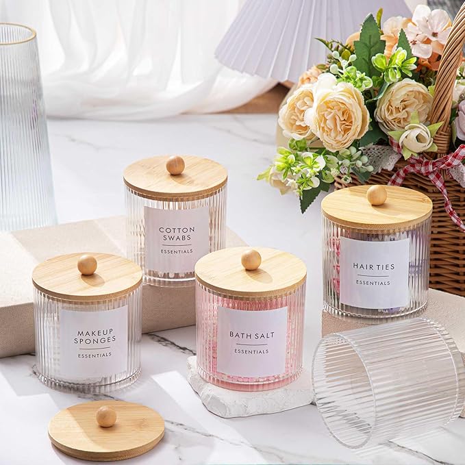 Yaomiao 6 Pcs Ribbed Bathroom Canisters Apothecary Jars with Wood Color Bamboo Lids and Label Stickers, 18 oz Plastic Canister with Fluted Design for Cotton Ball, Swab, Floss Picks House Storage
