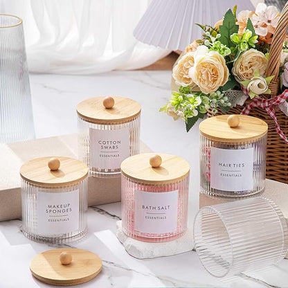 Yaomiao 6 Pcs Ribbed Bathroom Canisters Apothecary Jars with Wood Color Bamboo Lids and Label Stickers, 18 oz Plastic Canister with Fluted Design for Cotton Ball, Swab, Floss Picks House Storage