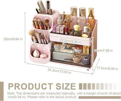 Makeup Organizer with Drawer, Skincare Products Perfume Desk Storage Box, Beauty Holder Rack for Lipstick Brush Eyeliner, Cosmetic Display Case for Dresser Countertop & Bathroom Vanity (Pink)