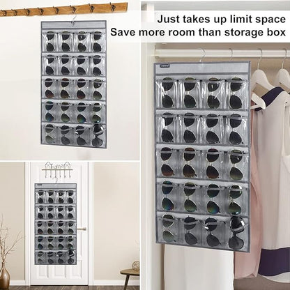 Dual Sided Hanging Sunglasses Organizer Storage Wall Mounted Eyeglasses Holder Eyewear Display Case with 40 Clear Slots (40 Pockets-Grey)