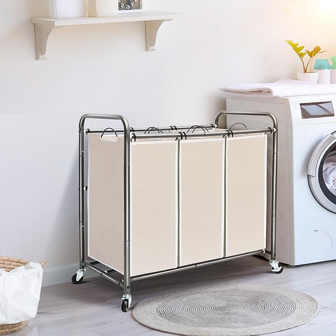 STO STO Laundry Sorter 3 Section, 3 Bag Clothes Hamper, Rolling Laundry Cart Basket with Heavy Duty Lockable Wheels and Removable Bag for Laundry Room, Bedroom, Closet, Beige