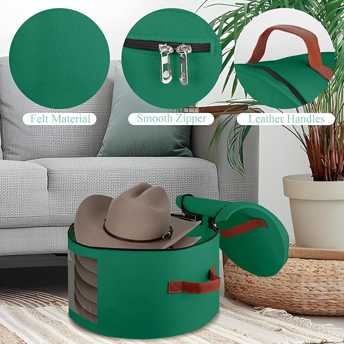 Samplife Hat Box,Hat Storage Box,Stackable Round Brim Hats Organizer Bag Container for Closet,Travel Hat Boxes for Women, Cowboy Hat Organizer, FoldableTravel Cap Boxes (08-Green, 16.5" D x 10.5" H)