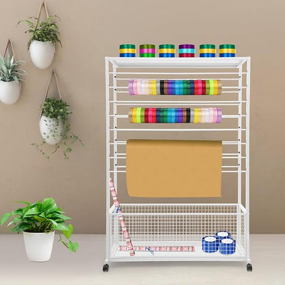 Commercial Ribbon Holder Organizer w/ 16 Rods & Locking Wheels - 59" Mobile Craft Storage for Florists, 4-Tier w/Mesh Basket (White, 39.37 * 12.6 * 59.06in)