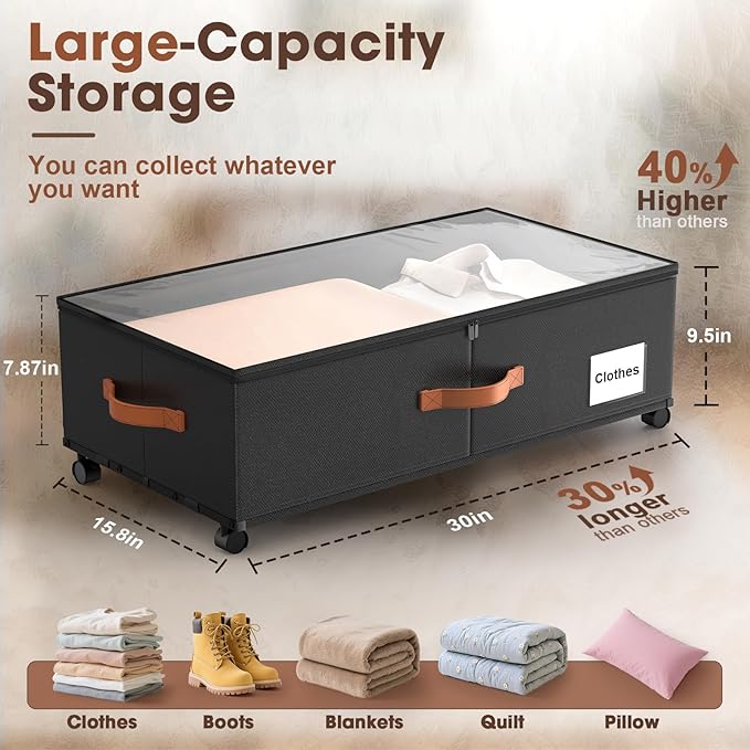 Eastherry Under Bed Storage Containers with Wheels, 9.5 inches Higher Underbed Shoes Blankets Clothes Toy Storage Drawers for College Dorms Bedrooms Nursery Rooms Organization, 2 Pack to be Assembled