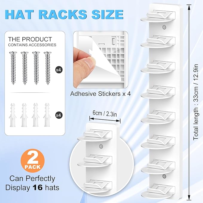 Eiito Hat Organizer for Baseball Caps, 2 Pack Strong Adhesive Hat Rack for Wall, Multilayer Hat Storage Display Holder, Wall Mounted Hat Hooks Hold up to 16 Hats for Closet Door and Bedroom (White)