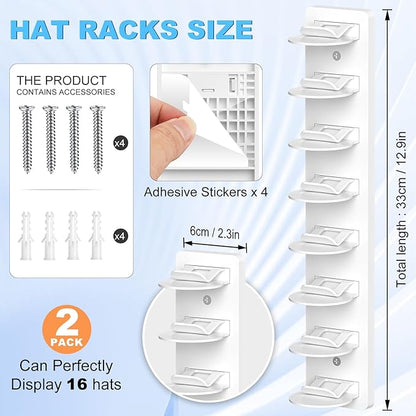 Eiito Hat Organizer for Baseball Caps, 2 Pack Strong Adhesive Hat Rack for Wall, Multilayer Hat Storage Display Holder, Wall Mounted Hat Hooks Hold up to 16 Hats for Closet Door and Bedroom (White)