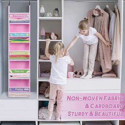 2 Pack 5 Shelf Weekly Clothes Organizer for Kids Over the Door Hanging Storage Monday through Friday Heavy Duty Clothes Organization for Bathroom Nursery Bathroom Kitchen(Pink)