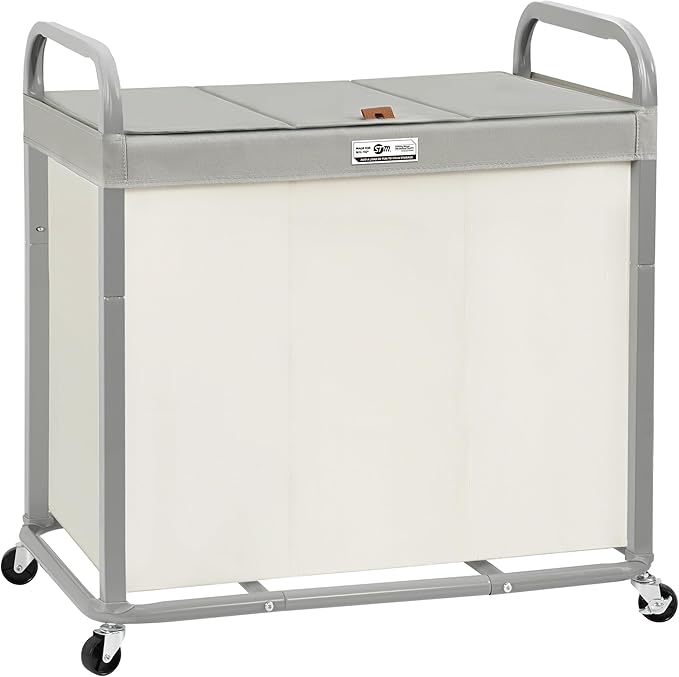 STORAGE MANIAC 3 Section Laundry Sorter, 60 Gal. Laundry Hamper Cart with Heavy Duty Rolling Lockable Wheels and Removable Bags, Clothes Organizer Basket Clothes Separator Hamper, Beige with Lid