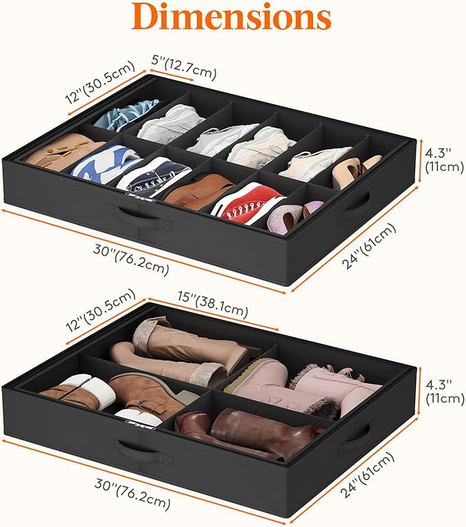 Lifewit Under Bed Shoe Storage Organizer 2 Pack(12 Shoes Cells+4 Boots Cells), 4.3 Inches Profile Fabric Shoes Container Box with Clear Cover, Foldable Storage Bag with 2 Handles, Fits 20 to 32 Pairs