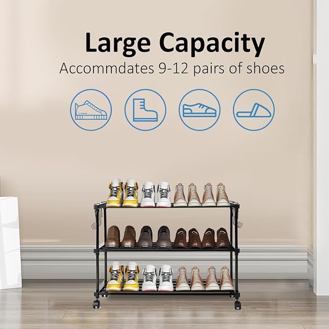 ADA® Premium High Density Iron Shoe Rack, Easy to Assemble Space Saving 3 - Tier Shoe Organizer, Heavy Duty Multifunctional Shoe Cabinet - Black