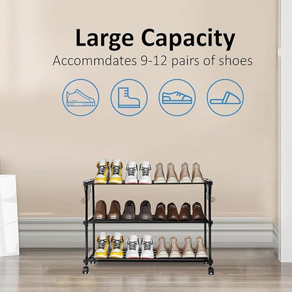 ADA® Premium High Density Iron Shoe Rack, Easy to Assemble Space Saving 3 - Tier Shoe Organizer, Heavy Duty Multifunctional Shoe Cabinet - Black