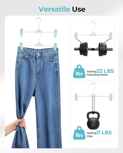 Pants Hangers with Clips 30 Pack, Stackable Space-Saving Skirt Hangers with Adjustable Non-Slip Clips, 360° Swivel Hook, Closet Organizer for Pants, Shorts, Jeans, Blue