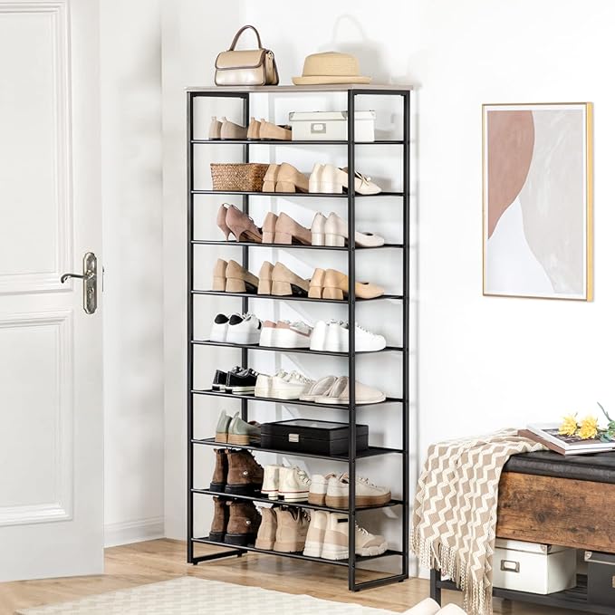 HOOBRO 10-Tier Shoe Rack for Entryway, 29.5" L Shoe Storage Organizer, Large Capacity Shoe Shelf for Closet, Front Door Entrance, Hallway, Holds 36-40 Pairs of Shoes, Greige and Black BG107XJ01