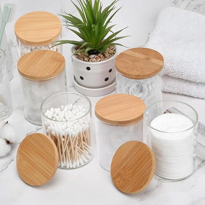 BKYFPQ 6 Pack Glass Qtip Holder Dispenser Set - Apothecary Jars with Lids for Vanity Makeup Organizer - Bathroom Canister Storage Organizer