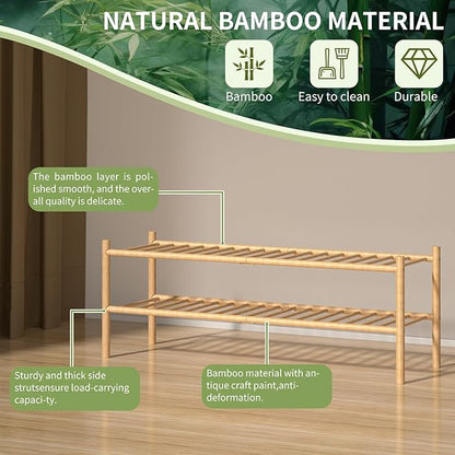 ROMGUAR CRAFT 2-Tier Bamboo Long Shoe Rack, Free Standing Wood Shoe Shelf Storage Organizer for Closet Entryway Stackable 35"x11"x13" (Natural)