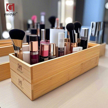 guiogc Set of 2 Bamboo Drawer Organizer, Stackable Utensil Organizer for Kitchen, Bamboo Storage Box Wood Silverware Tray for Drawer