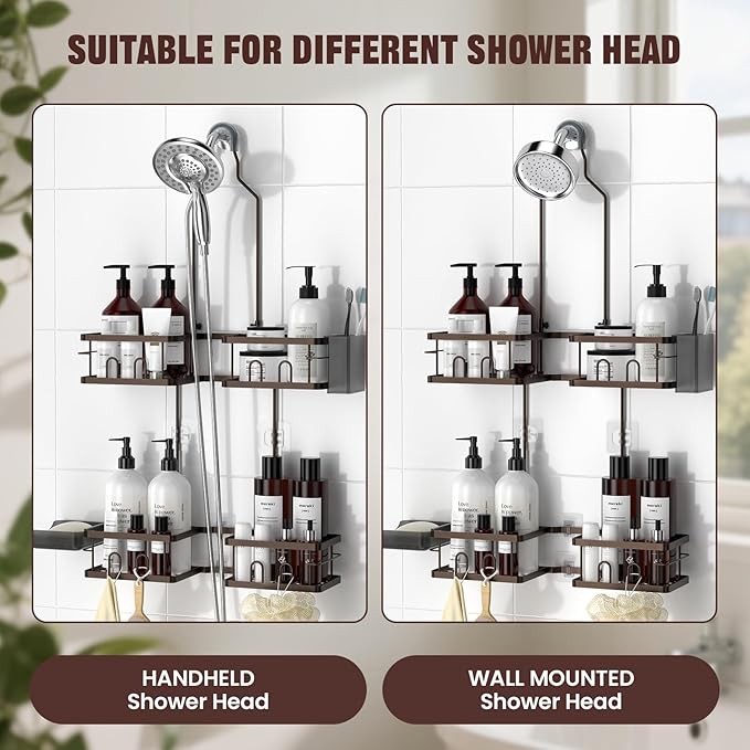 REINHARDT Adjustable Shower Caddy Hanging Rustproof Shower Caddy for Handheld Showerheads, Shower Organizer with Hooks Soap Holder, Anti-Swing Shower Rack Bathroom Accessories, Bronze
