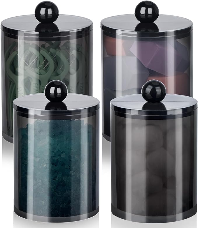 XIPENGKEJI 4 Pack Qtip Holder,Canister Apothecary Jar Set, Bathroom Jars with Lids Set for Cotton Swabs, Balls, Pads, Floss Picks,10oz-12oz Plastic Canisters Restroom Bedroom Vanity Organizer(Black)
