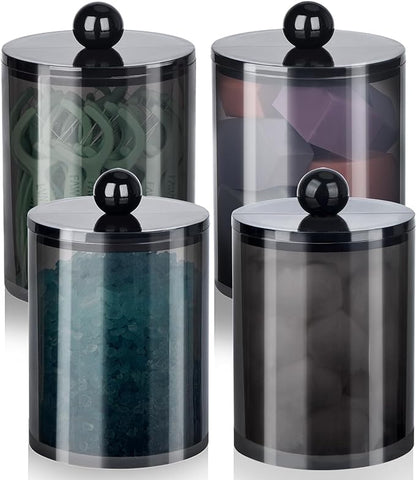 XIPENGKEJI 4 Pack Qtip Holder,Canister Apothecary Jar Set, Bathroom Jars with Lids Set for Cotton Swabs, Balls, Pads, Floss Picks,10oz-12oz Plastic Canisters Restroom Bedroom Vanity Organizer(Black)