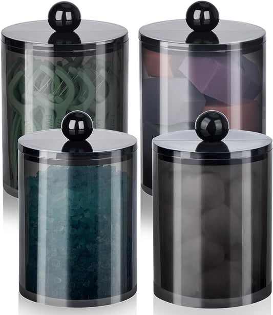 XIPENGKEJI 4 Pack Qtip Holder,Canister Apothecary Jar Set, Bathroom Jars with Lids Set for Cotton Swabs, Balls, Pads, Floss Picks,10oz-12oz Plastic Canisters Restroom Bedroom Vanity Organizer(Black)
