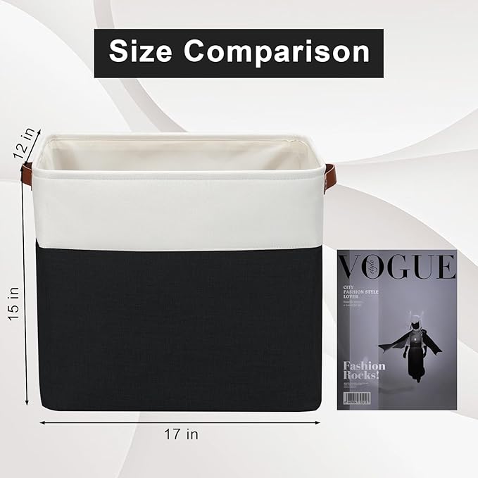 Bagnizer Large Fabric Storage Baskets | 50L Storage Bins, Decorative Linen Closet Baskets with Handles for Organizing, Shelf, Toys, Clothes, Home, Office, Nursery, 17x12x15Inches (Black&White)