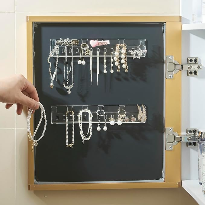 Necklace Organizer Jewelry storage Holder Bracelets Earrings Keys Organizer Hanger Self-Adhesive Wall Acrylic Cabinet Display Easy Hanging for Studs Dangling Bangle 4 Packs