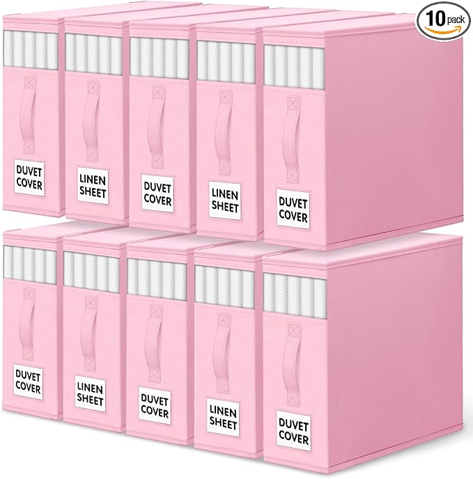 WOWBOX Sheet Organizers and Storage,Closet Bed Sheet Organizer Under Bed Storage and Organization with Label Cards & Clear Window for Bedding Sheets,Duvet Covers,Blankets (10 Pack，Pink)