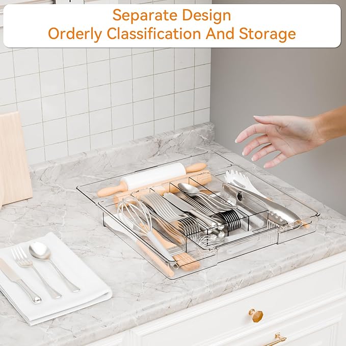 Yieach Acrylic Clear Expandable Kitchen Utensil Drawer Organizer and Silverware Organizer,BPA FREE Adjustable Silverware Tray for Drawer Cutlery,Spatula,Tools,Flatware Organizers,Fork and Spoon Holder