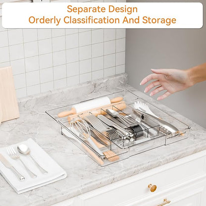 Yieach Acrylic Clear Expandable Kitchen Utensil Drawer Organizer and Silverware Organizer,BPA FREE Adjustable Silverware Tray for Drawer Cutlery,Spatula,Tools,Flatware Organizers,Fork and Spoon Holder