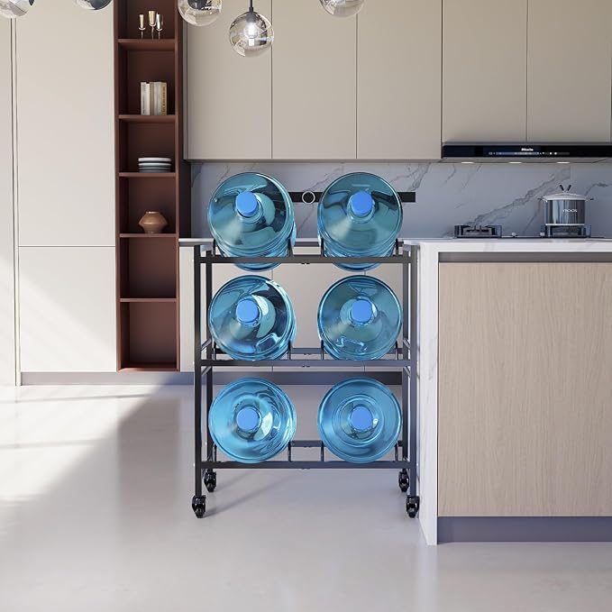 Heavy Duty 3 Tiers Water Rack Double Row with 4 Wheels - Space Saving Dispenser Stand 5 Gallon Water Storage Rack Bottle Jug Holder Organizer/Lockable&Removable Casters/Kitchen Office Garage/6 Slots