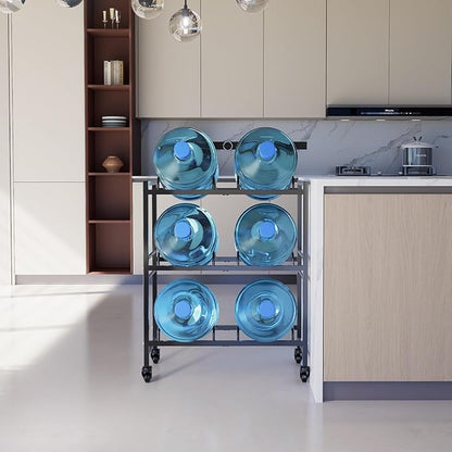 Heavy Duty 3 Tiers Water Rack Double Row with 4 Wheels - Space Saving Dispenser Stand 5 Gallon Water Storage Rack Bottle Jug Holder Organizer/Lockable&Removable Casters/Kitchen Office Garage/6 Slots