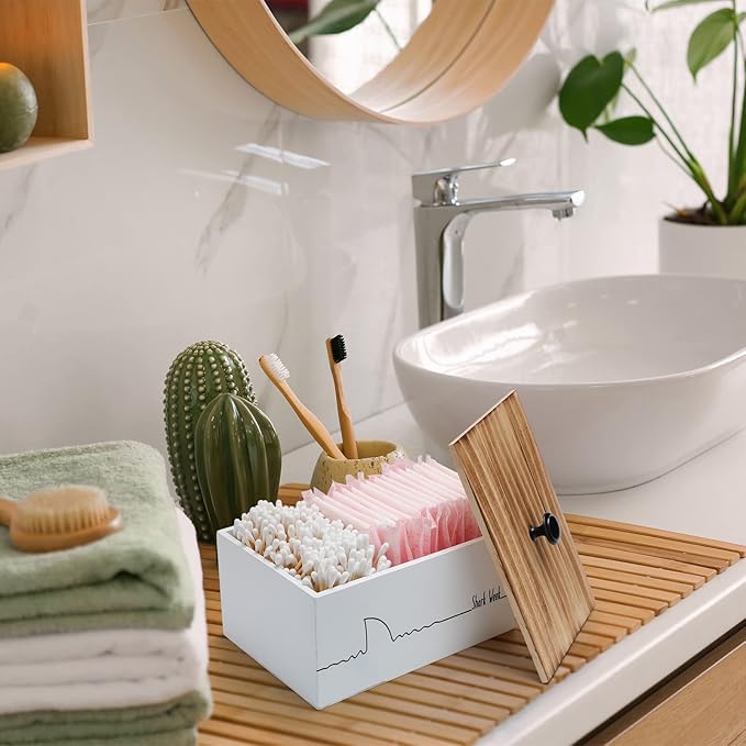 Hoolerry Wood Tampon Holder for Bathroom Farmhouse Pad and Tampon Organizer Feminine Product Organizer Rustic Storage Container for Bathroom Countertop(Simple Style)