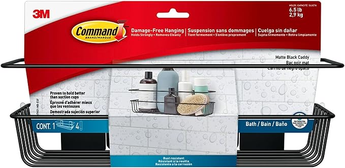 Command Shower Caddy Matte Black with Water Resistant Strips, Bathroom Organizer, Holds up to 6.5 lbs 13" D x 6.38" W x 4.25" H (Pack of 2)