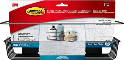 Command Shower Caddy Matte Black with Water Resistant Strips, Bathroom Organizer, Holds up to 6.5 lbs 13" D x 6.38" W x 4.25" H (Pack of 2)